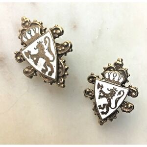 Vintage Lion Earrings Screw Back Heraldic Crest Shield  Gold Tone White Enamel